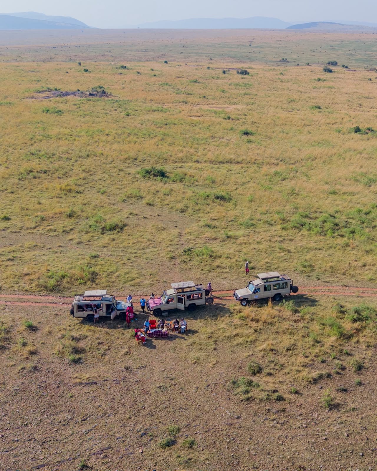 Aerial view of a bush breakfast with safari vehicles on the Maasai Mara plains